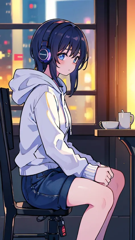 1 girl, night cafe, night cityscape through window, side profile, casual clothes, hoodie, headphones, studying alone, sitting on chair, closed mouth, anatomically correct, (best quality,4k,8k,highres,masterpiece:1.2),ultra-detailed,(realistic,photorealisti...