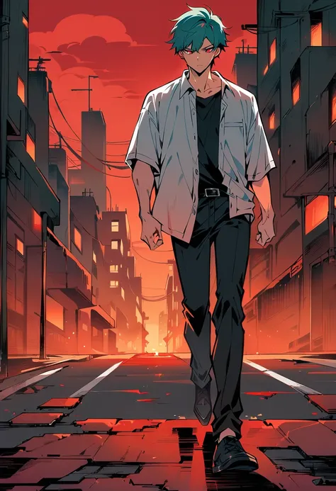 Male Teenager ,solo, white button down shirt, black undershirt, black jean pants, black shoes, teal hair, neck scar, red eyes, serious look, masterpiece, best quality, city, sidewalk, hell, red sky, walking, 