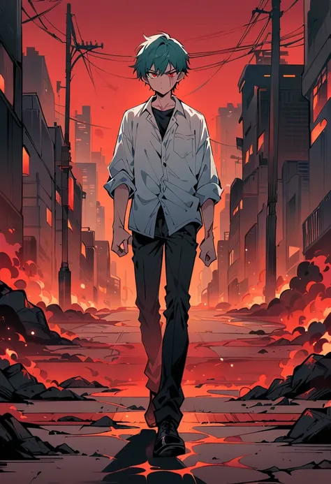 Male Teenager ,solo, white button down shirt, black undershirt, black jean pants, black shoes, teal hair, neck scar, red eyes, serious look, masterpiece, best quality, city, sidewalk, hell, red sky, walking, 