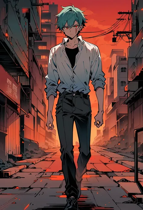 Male Teenager ,solo, white button down shirt, black undershirt, black jean pants, black shoes, teal hair, neck scar, red eyes, serious look, masterpiece, best quality, city, sidewalk, hell, red sky, walking, 