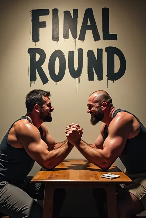 On the wall is written "Final Round." Two tough, burly men face each other in the finals of an arm wrestling tournament. Its a showdown that cant be won.