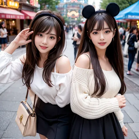 laughing out loud，Cute style wear，date attire，The skirt shows fluffy curvature，wearing mickey headband，Carrying a cute shoulder bag，knee shot, The background is an amusement park during the day，1 female, light brown hair, blunt bangs, hair behind ears, Sho...