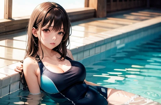 far and near method, Depth of written boundary, One girl, Brown Hair, Brown eyes, Long Hair, In the water, Air bubbles, Alone, Watching the audience, School Swimsuit, Big Breasts, swimming, Dappled sunlight,, masterpiece, High resolution