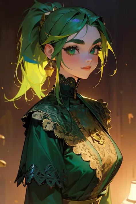 (Best Quality, masterpiece:1.2), High resolution, Very detailed, Realistic:1.37, Fantasy, shape, green eyes、Queen Platinum Decoration、beautifully、Eyeshadow Red、Thick eyebrows、Long eyelashes、The student is black、((Her hair is bright green)).Embarrassing、peo...