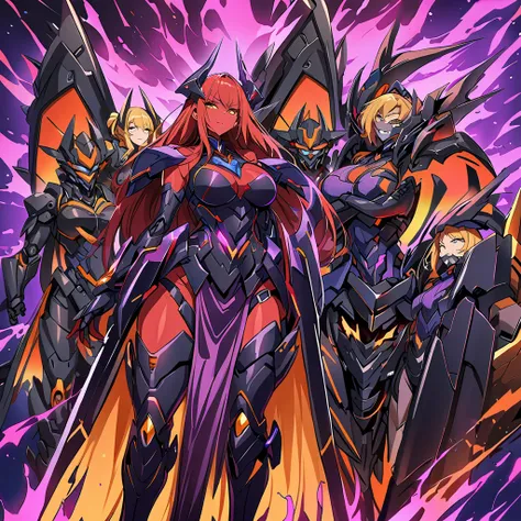 anime, high detailed, multiple womans, mature womans, dark ebony mecha armor, large mechanical wings, evil grin, large clawed ga...