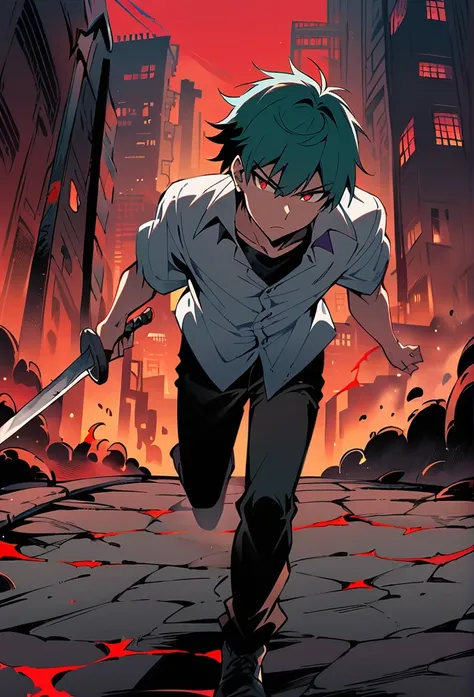 Male Teenager ,solo, white button down shirt, black undershirt, black jean pants, black shoes, teal hair, neck scar, red eyes, serious look, masterpiece, best quality, city, sidewalk, hell, red sky, holding sword