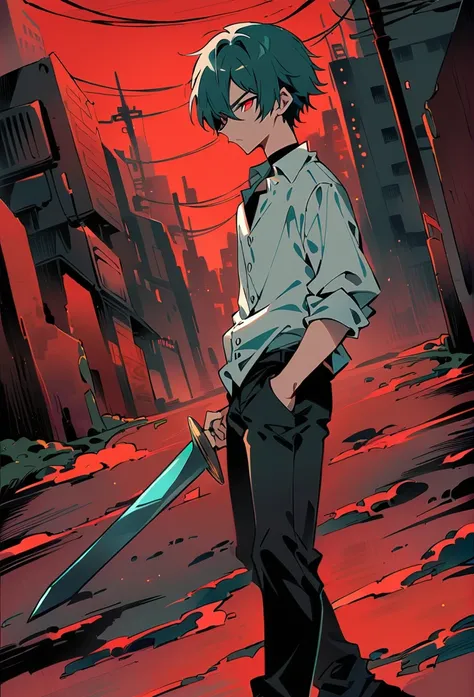 Male Teenager ,solo, white button down shirt, black undershirt, black jean pants, black shoes, teal hair, neck scar, red eyes, serious look, masterpiece, best quality, city, sidewalk, hell, red sky, holding sword