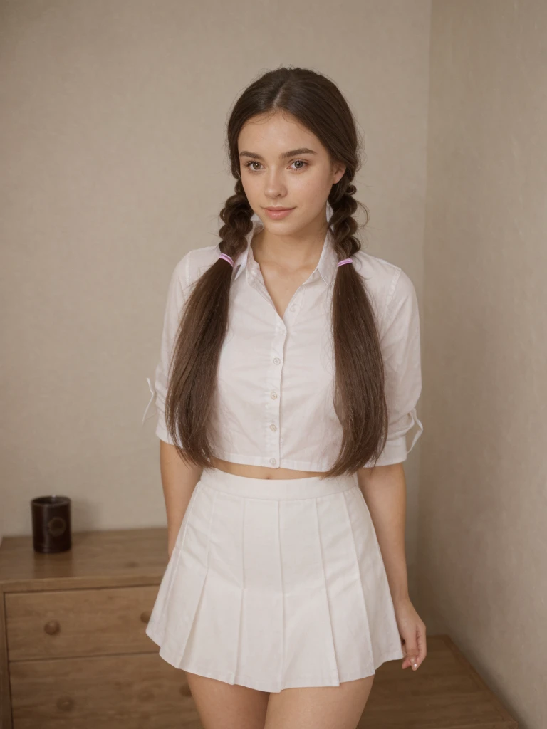 21-year-old girl with long dark hair is combed with two pigtails, ellas tiene un cuerpo muy bonito y grandes senos, y en sus manos tiene sus pompones, porrista hermosa, she is alone it is her room, tiene grandes senos que se notan en su uniforme, She is dr...