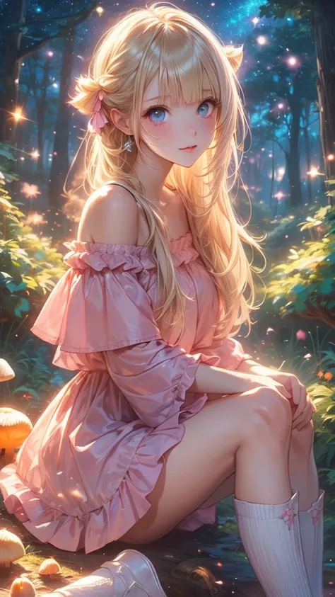 Anime girl with light blond hair，With light blue eyes，Wearing a pink off-the-shoulder puff-sleeved dress and knee-high white boots，Sitting in the woods，Next to it is an orange mushroom，Surrounded by fireflies under the starry sky  