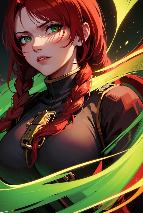 A beautiful woman with large breasts, red hair, green eyes, wearing a red pirate outfit, long braided hair, detailed face and eyes, intricate pirate costume, cinematic lighting, dramatic pose, photorealistic, 8k, masterpiece, high quality, ultra-detailed, ...