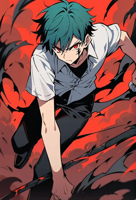 Male Teenager ,solo, white button down shirt, black undershirt, black jean pants, black shoes, teal hair, neck scar, red eyes, serious look, masterpiece, best quality, hell, red sky, holding sword