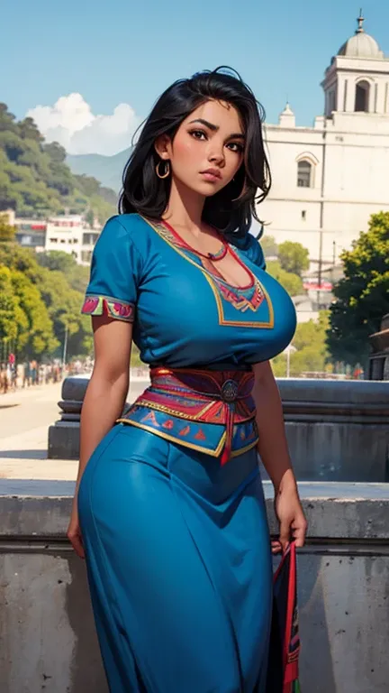 1 female character designed with stereotypical features of guatemalan traditional culture and history, very Cute and pretty girl,  very beautiful face, Super huge boobs、possibly Biggest boobs、 Outdoor、background is her countrys Iconic Landmarks and Scenery...