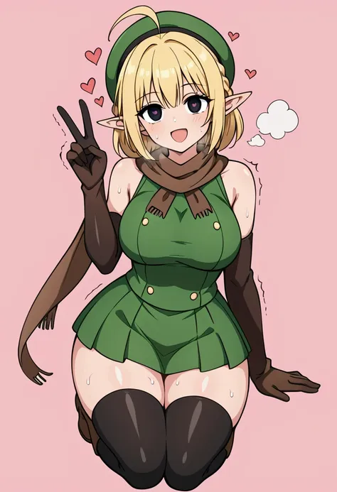 parisian,1woman,elf,short hair,twin braids,blonde,(slender),ahoge,empty eyes,black eyes、big breasts,tall,brown gloves,black elbo...