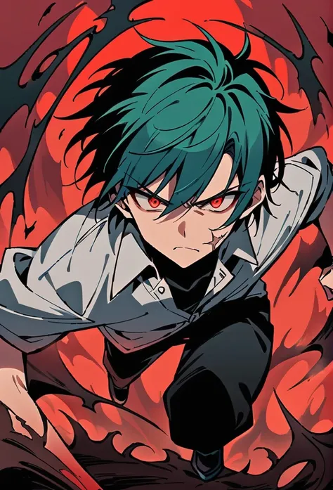 Male Teenager ,solo, white button down shirt, black undershirt, black jean pants, black shoes, teal hair, scar neck , red eyes, serious look, masterpiece, best quality, hell, red sky, holding sword