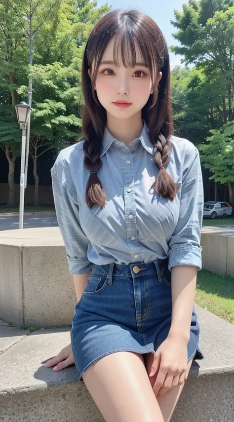 beautiful girl, Very beautiful and detailed face, Laugh shyly, Deep Valley),、(She has big breasts、(Checked shirt)、(Denim skirt)、:1.3), (Large Breasts.), (Tight clothing), Her hair is braided, (Beautiful Face:1.2), High image quality, Realistic, Very detail...