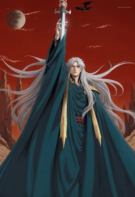 a close up of a person holding a sword in a desert, vampire hunter d, official art, inuyasha, key anime art, official anime artwork, from berserk, griffith from berserk, shuushuu anime image, beautiful male god of death, flowing hair and long robes, anime ...