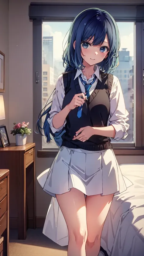 Beautiful lighting, Hotel Rooms、1 girl, Alone, madder, White Shirt, Sweater vest,mini skirt、 Black vest, Blue tie, Thighs、((Anime Style))、((2D))、Laughter、Backwards、Cowboy Shot