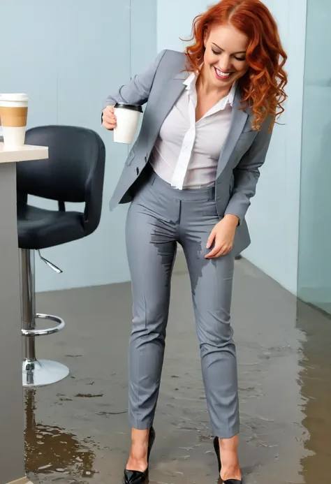 ((attractive redhead woman wearing a gray business suit with pants), high heel pumps, white blouse, curly hair, drinking coffee at the office, wetting, big smile, pee stains are gleaming wet, shoes soaked with pee, lower legs of pants soaked in pee, pee st...