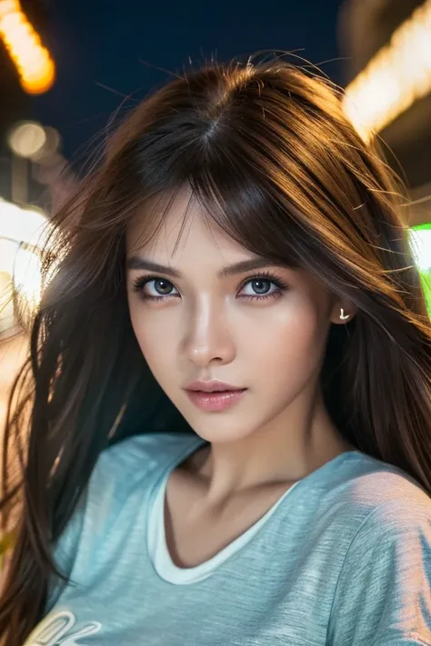 (Best Quality, High resolution, masterpiece :1.3), Beautiful woman, Slendegre, Dark Brown Hair, t-shirt, (Night city street), Highly detailed face and skin textures, Detailed eyes, double eyelid