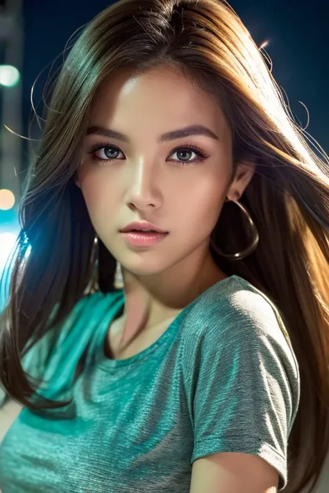 (Best Quality, High resolution, masterpiece :1.3), Beautiful woman, Slendegre, Dark Brown Hair, t-shirt, (Night city street), Highly detailed face and skin textures, Detailed eyes, double eyelid