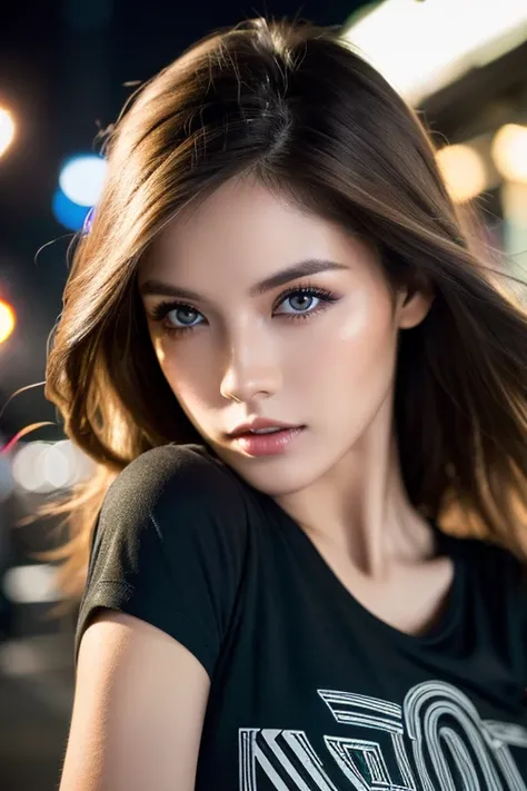 (Best Quality, High resolution, masterpiece :1.3), Beautiful woman, Slendegre, Dark Brown Hair, t-shirt, (Night city street), Highly detailed face and skin textures, Detailed eyes, double eyelid