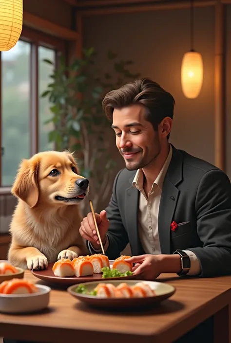 A man eating sushi with his dog