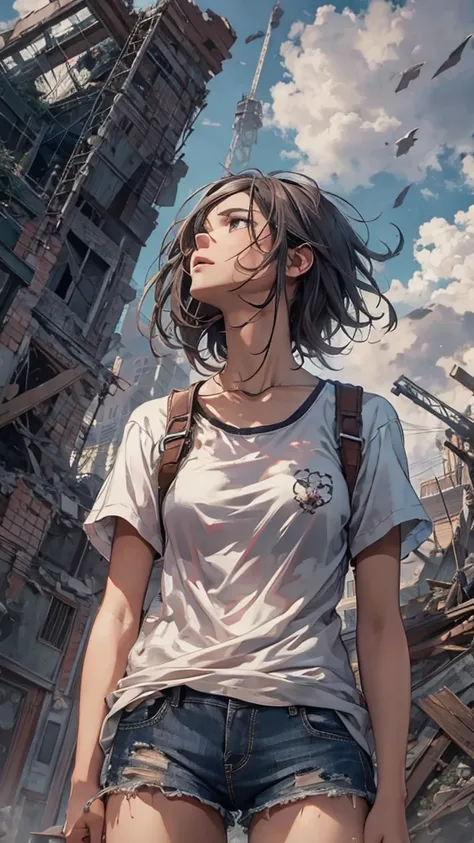 A woman looking up at the sky with a sad expression, Hands in pockets, Asymmetrical Hair, Ripped shirt and shorts:1.3, Heaven and earth reversed, destruction, despair, A Shattered World, Collapsed buildings all around, evening, Anime Style, Digital Paintin...