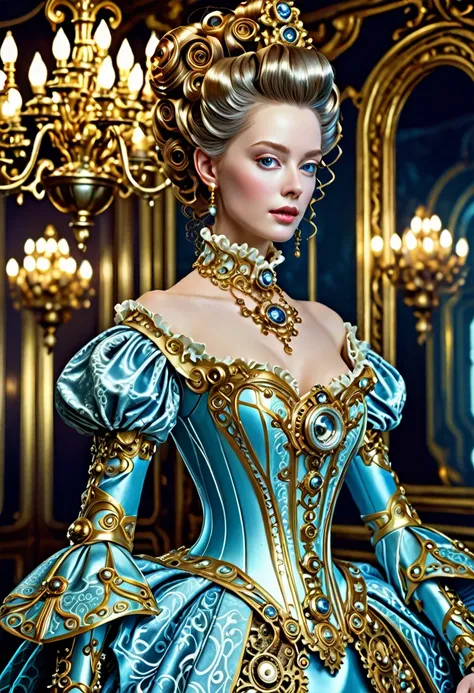 a beautiful female android in rococo style, high quality, intricate details, lifelike, realistic, photorealistic, highly detaile...