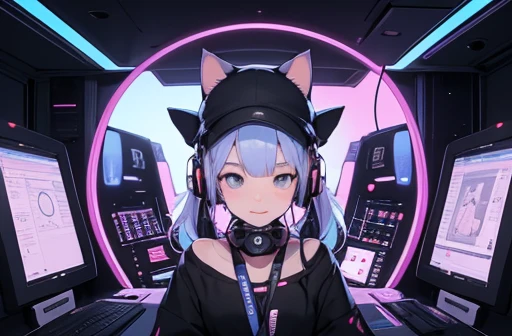 A cat wearing a cool and cute hat is making music on the bridge of a futuristic spaceship with headphones around its neck、synthesizer、note