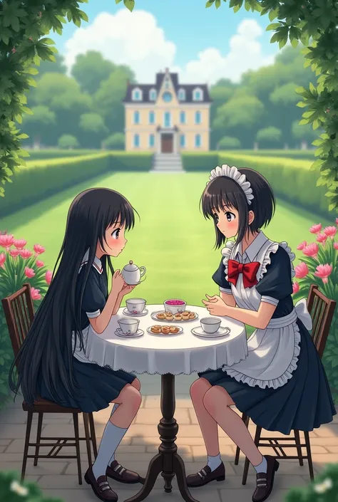 Anime Elementary school girl and her maid Elementary school girl Tea party in the garden of a large mansion The girl has long black hair The maid has short hair