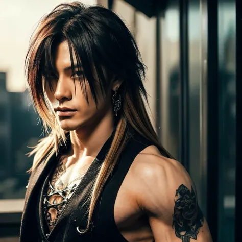 1 man, male, japanese man, visual kai hairstyle, ultra detailed face and body, hyperrealistic, realistic representation, muscula...