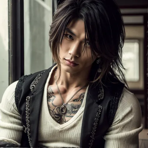 1 man, male, Japanese man, Visual Kai hairstyle, ultra detailed face and body, hyperrealistic, realistic representation, muscular, broad shoulders, tattoos gothic style, piercings, Visual Kei style, hairstyle Visual Kei, blond, long hair, 30 years old, age...