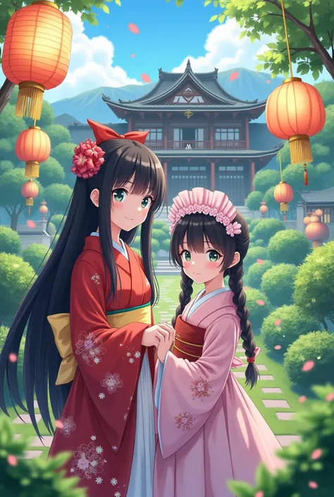 Anime Elementary school girl and her maid Elementary school girl A birthday party in a large Japanese-style mansion in the garden The girl has long black hair and is wearing a Japanese kimono The maid has braids