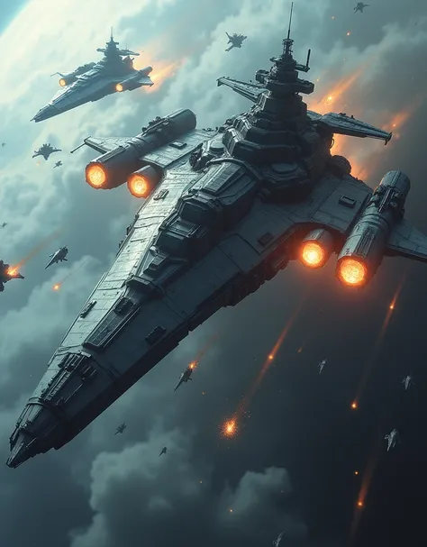 Space Battleship、Approaching the planet、Engage with enemy ships、