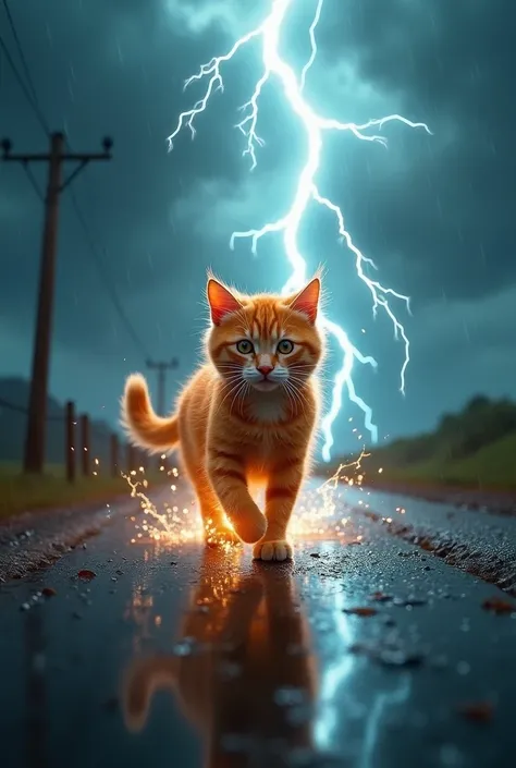 A orange cat struck by lightning in a dark wheather while walking on road