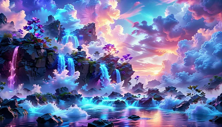 A Masterpiece In 32K Resolution, Supreme Quality, Super Detail, Official Art, Very High-Resolution 32K Wallpaper, Surreal And Fantastical, Ultra-Detailed Features, Otherworldly Beauty. Floating Islands Drift Through A Sky Of Purple And Blue Clouds - Waterf...