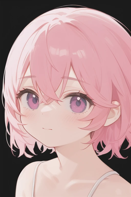 Minimalist portrait of a girl with pink hair, She opened her eyes, Background is simple and white, Her face is illuminated by the soft light.