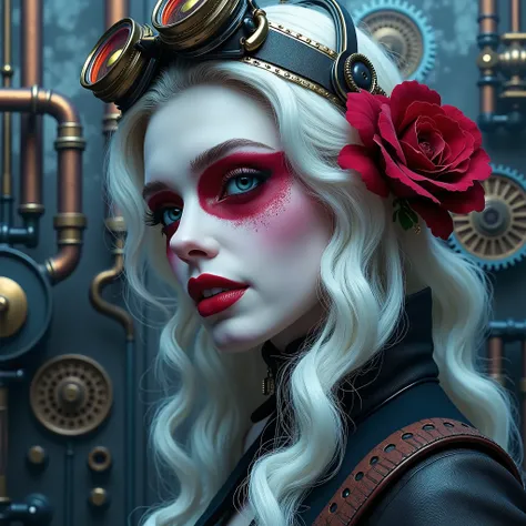 MARILYN MONROE, 1girl, beautiful detailed eyes, beautiful detailed lips, extremely detailed face and portrait, steampunk outfit, steampunk goggles, steampunk machinery, gears, cogs, pipes, brass, copper, industrial, victorian, intricate details, cinematic ...