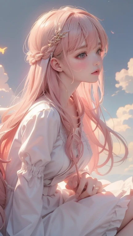 a gentle young girl, fluid hair, wearing white, fluid, Long clothes, No accessories, in side profile view, sitting on fluffy clouds. The work should be soft, Soft colors mixed with blue, yellow, And pink. The image should be of the best quality, Very detai...