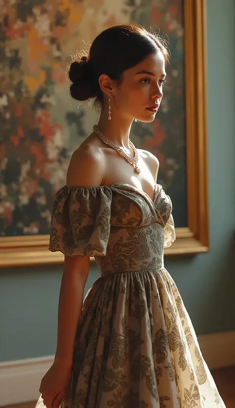 girl, (solo:1.4), walking, luxurious elegance arrogance aristocratic vibes, off-shoulder cocktail dress, intricate pattern, ruffle short sleeves, italian fashion, france fashion, (babyface, teen, cute:2.2), (large breasts:1.2), (statement plastron necklace...