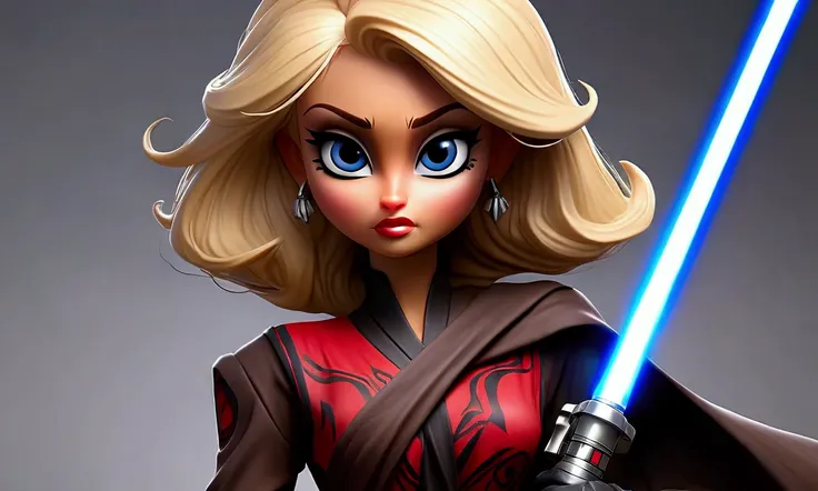 paris hilton (age 20, amazing butt, small breasts, amazing large eyes, noble jedi, only 1 blue lightsaber, sexy jedi outfit) shocked, looking down at her chest, darth maul has stabbed her from behind with a red lightsaber, view is low and from behind, mome...