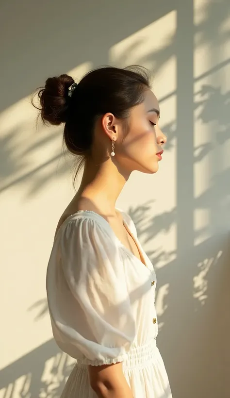 full body shot, 24mm, smaller subject, a beautiful young indonesian woman, 28 years old, messy bun brown hair, standing straight in front of white wall, her body straight to the front but head turned to the right, eyes closed, wearing a vintage full button...