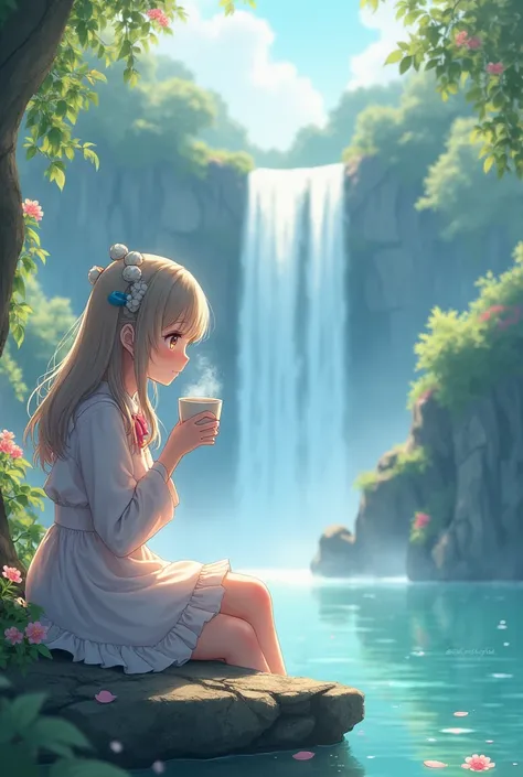 Anime girl, sitting on the stone, drink coffee, waterfall background 