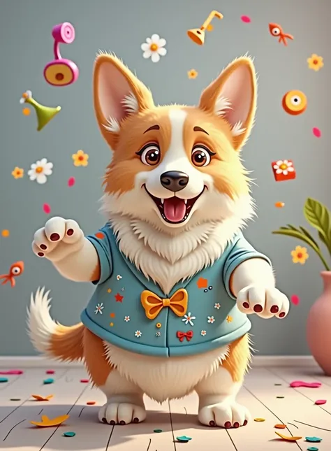 A cute corgi dog, wearing clothes, anthropomorphic, standing on two feet, dancing 