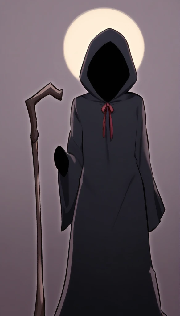 "A haunting, shadowy figure of a female Grim Reaper, partially invisible, with faint outlines hinting at her form. Her skeletal hands and long, tattered black cloak are visible, but her face is hidden by a shadowy hood that blends into the background. A fa...