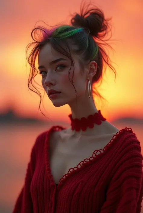 (Ultra-detalhado, alta resolução, realista:1.2) 1 young cute girl,very slim,skinny, (streaked Green and pink hair:1.1), long tussled hair upsweep updo,,rouge,red neck lace choker,green eyes, makeup,colorful,oversize knit jumper,softcore,warm lighting,cosy ...