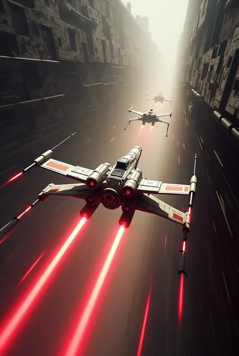 Star Wars. The moment of the final battle with the Death Star. An X-wing is racing through a trench on the surface of the Death Star. The picture of firing a proton torpedo into the ventilation duct leading to the hypermatter reactor. motion blur, cinemati...