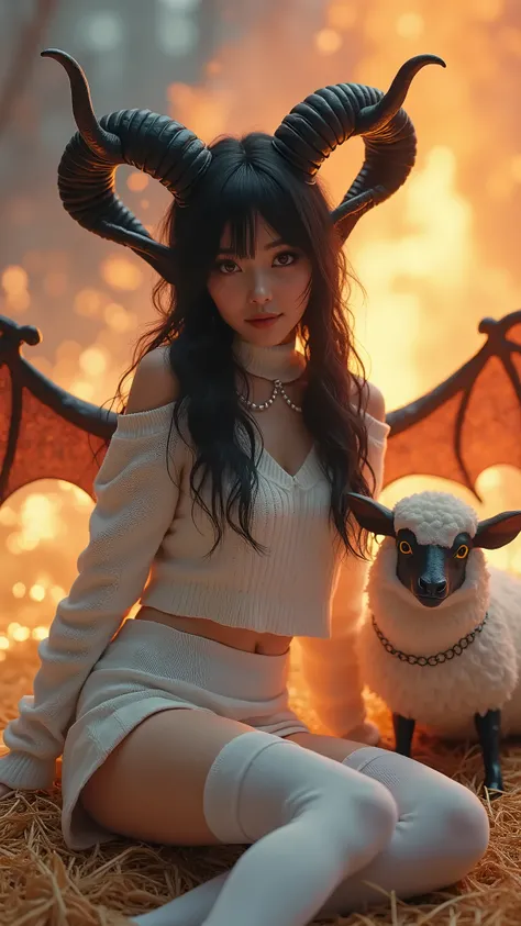 A woman in a white sweater and black horns is sitting on the hay.,miniskirt white con cadenas, white thigh high stockings, goat horns on head, horned, hairstyle with pigtails, Girl design with lush horns, Sha Xi, White Horned Demon Queen, Woman dressed as ...