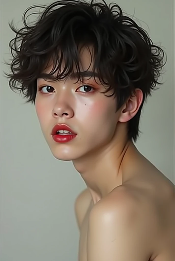 A teen with a lustful expression, he is a delicate looking male with a thin body and a doll face, he has full red lips. He is looking at the viewer