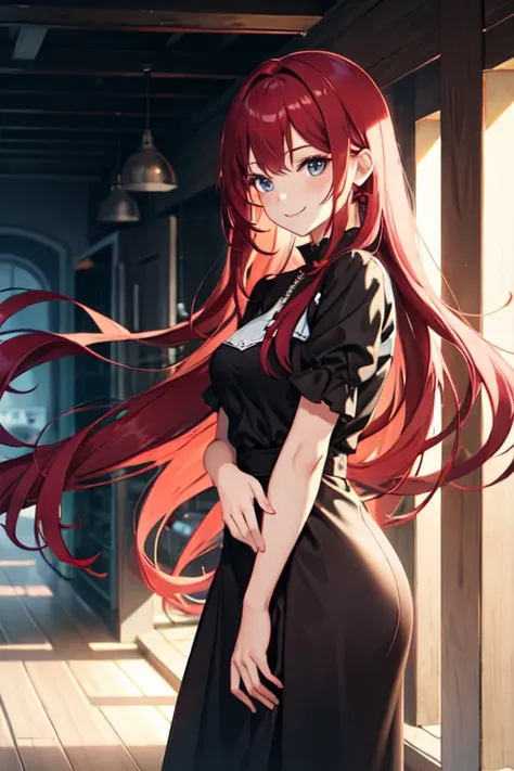 AI character　Long Red Hair　woman　Black dress smile　cute　Calm feeling